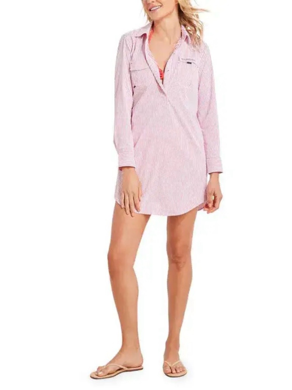 Vineyard Vines Pink & White Striped Long-Sleeve Swim Coverup Tunic